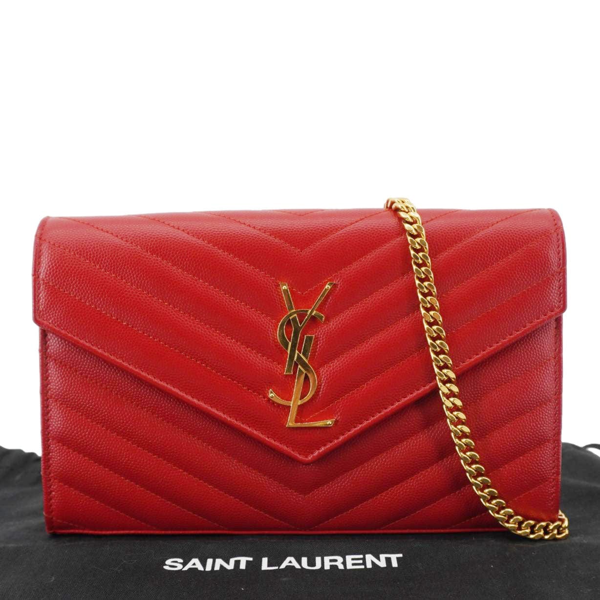 YVES SAINT LAURENT Cassandre Leather Wallet On Chain Crossbody Bag Red