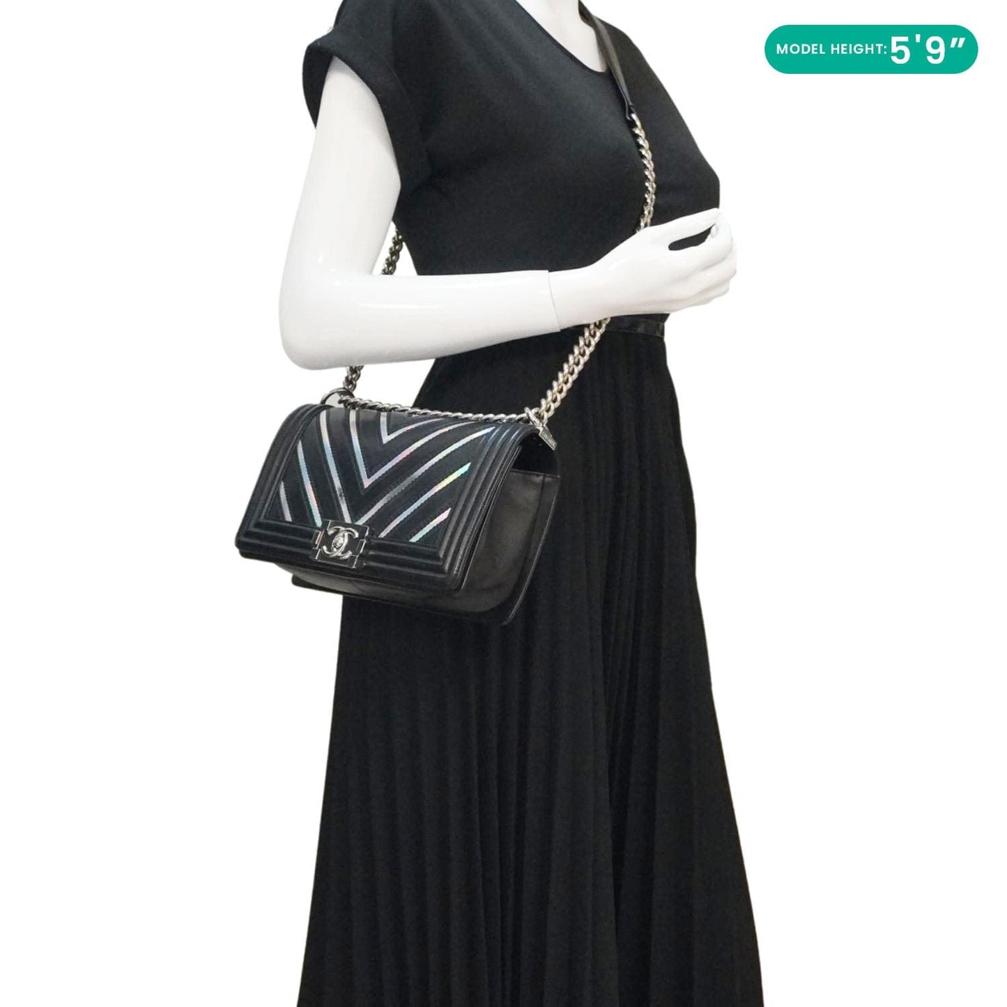 Chanel Boy Flap Chevron Leather with Holographic PVC Crossbody Bag Black