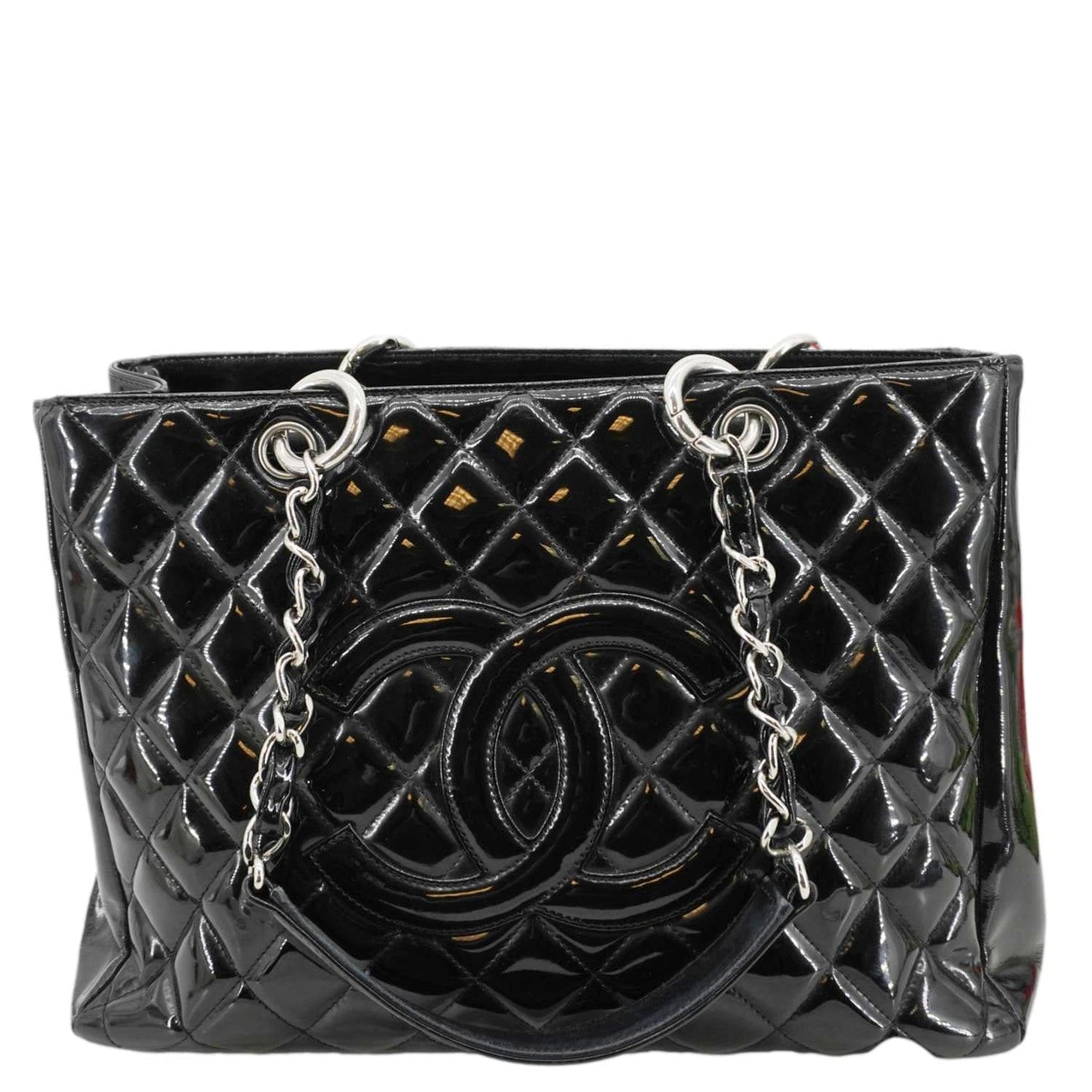 Chanel Grand Shopping Patent Quilted Leather GST Tote Bag Black