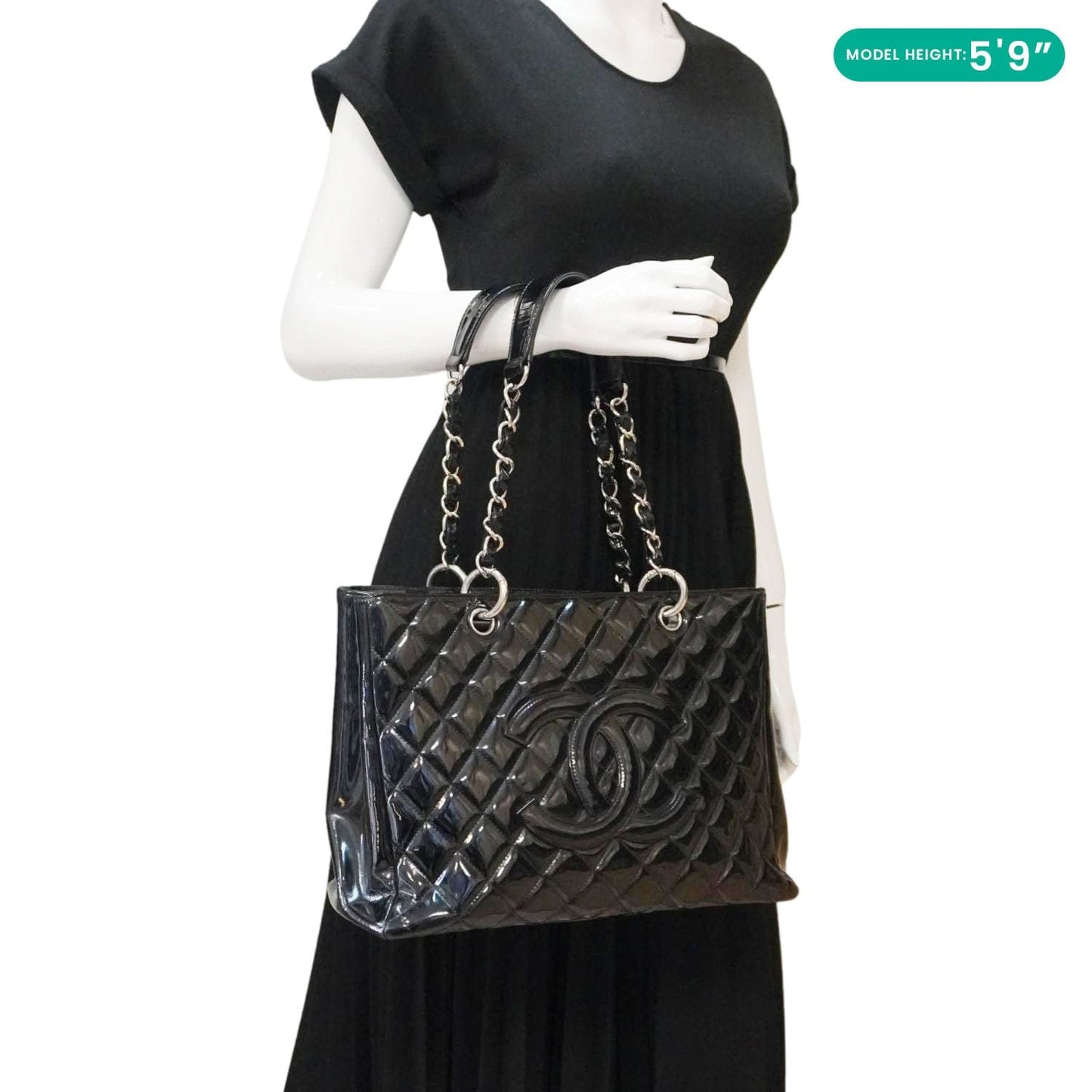 Chanel Grand Shopping Patent Quilted Leather GST Tote Bag Black