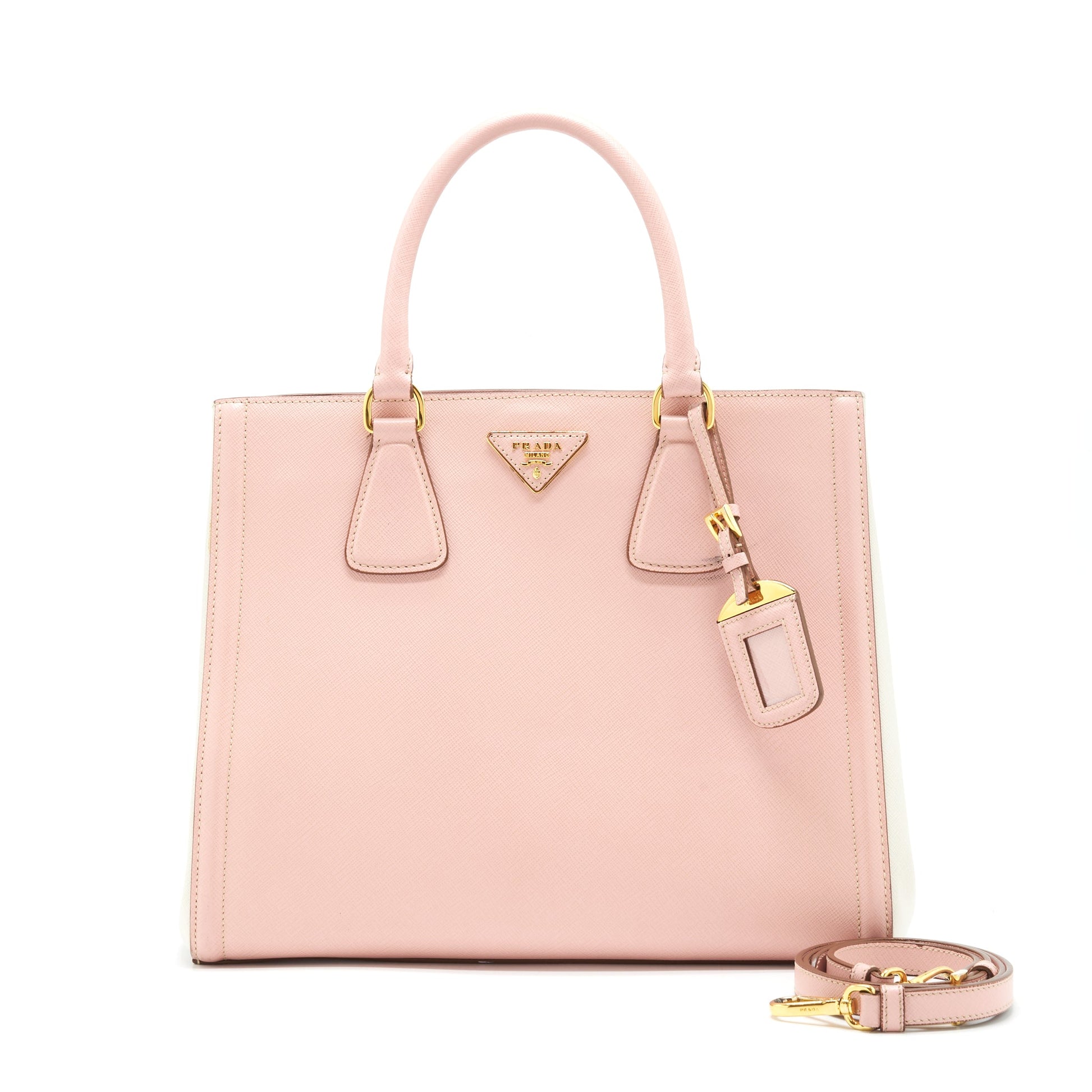 Prada Top Handle Saffiano tote Purse Calfskin Pink/ White