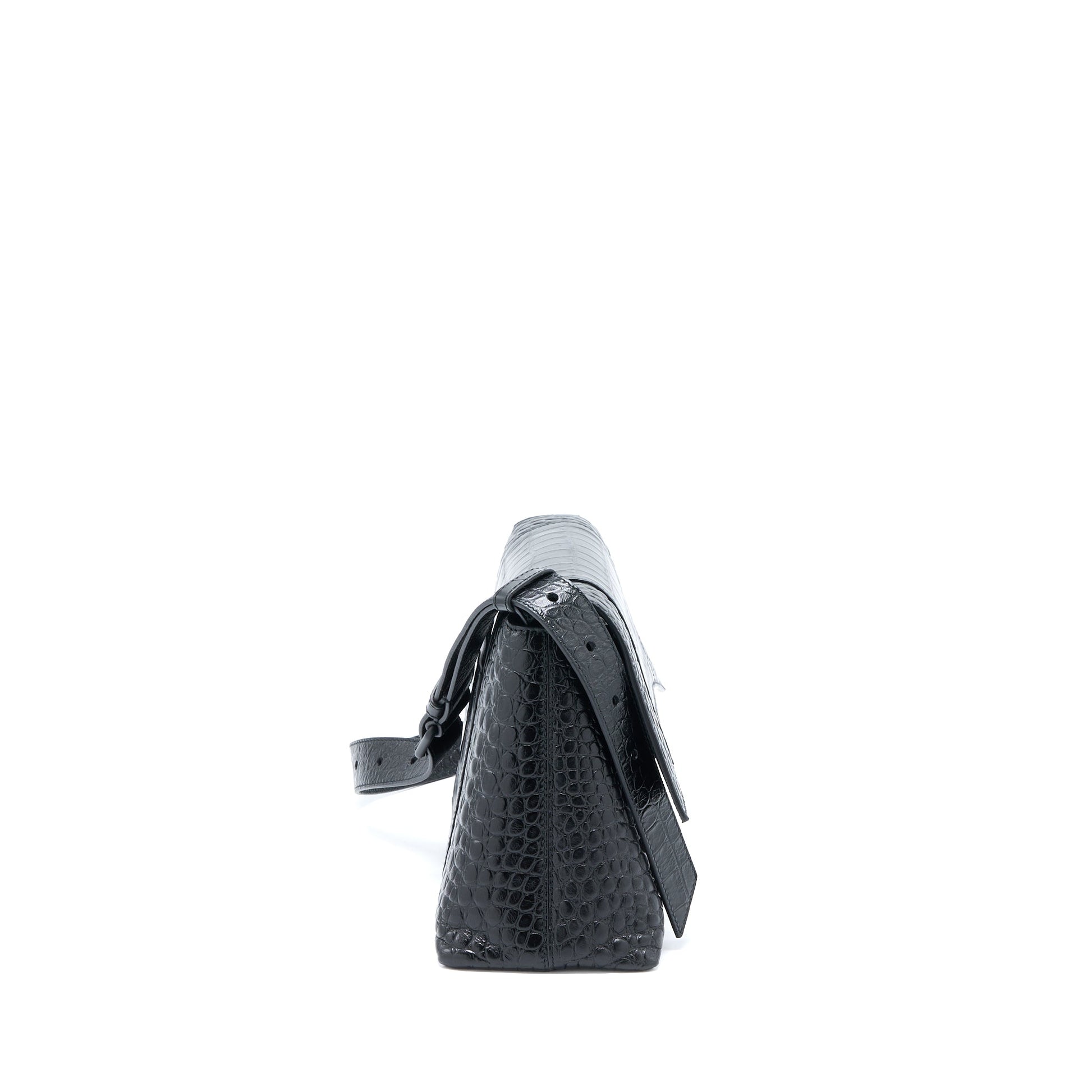 Balenciaga Small Downtown Shoulder Bag Croc Embossed Leather Black with Black Hardware