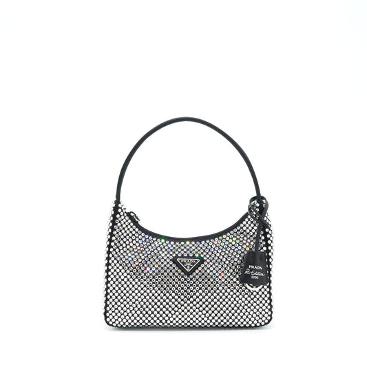 Prada Re-Edition 2000 Crystal Hobo Purse Nylon/Leather Black