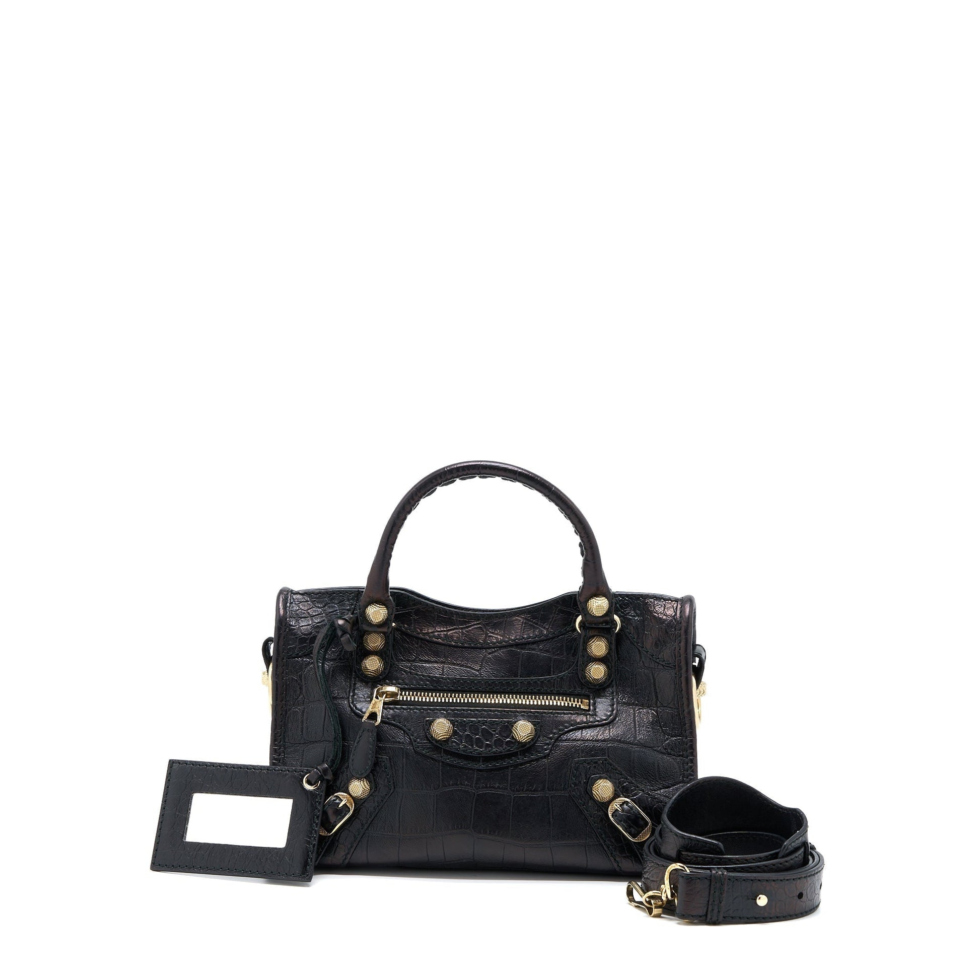 Balenciaga Mini City Croc-Embossed Calfskin Black GHW