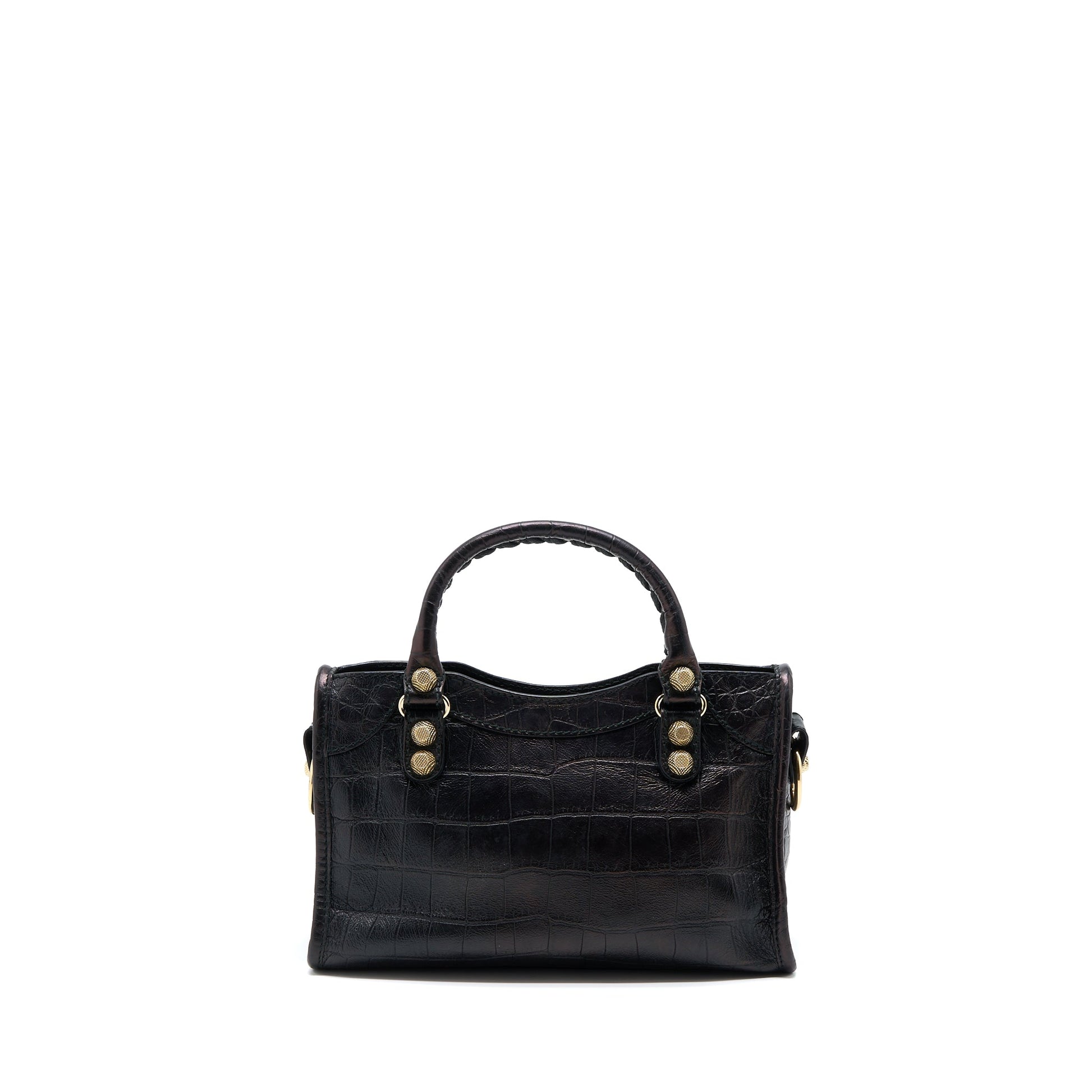 Balenciaga Mini City Croc-Embossed Calfskin Black GHW