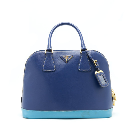 Prada Saffiano Lux Bi Colour Promenade Done Tote Purse Bluette/Turchese Blue