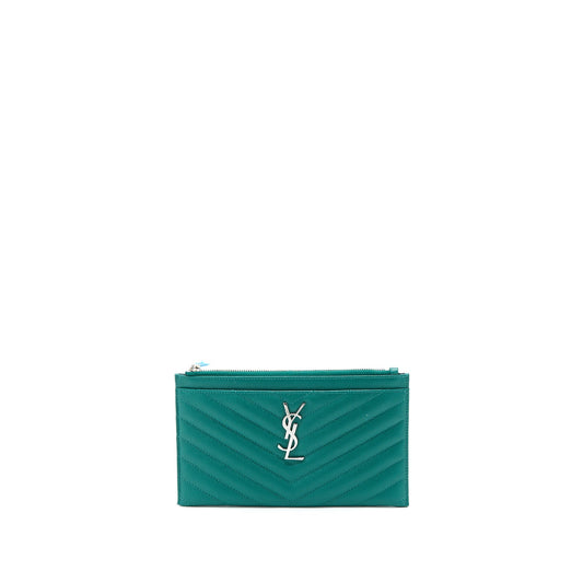 Saint Laurent Cassandra Matelasse Zipped Pouch Grained Calfskin Green