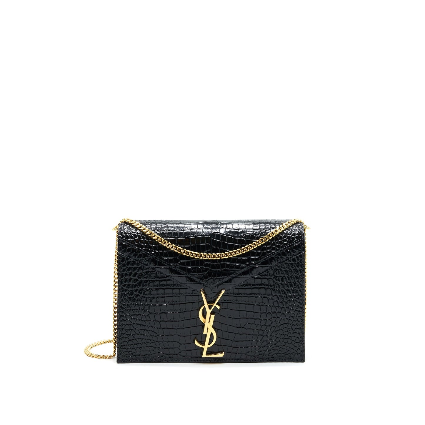 Saint Laurent Cassandra Monogram Clasp Purse Crocodile-Embossed Calfskin Black