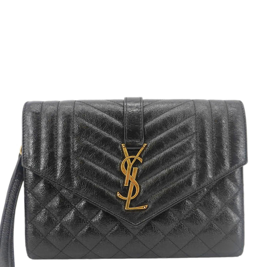 YVES SAINT LAURENT Monogram Leather Wristlet Clutch Black