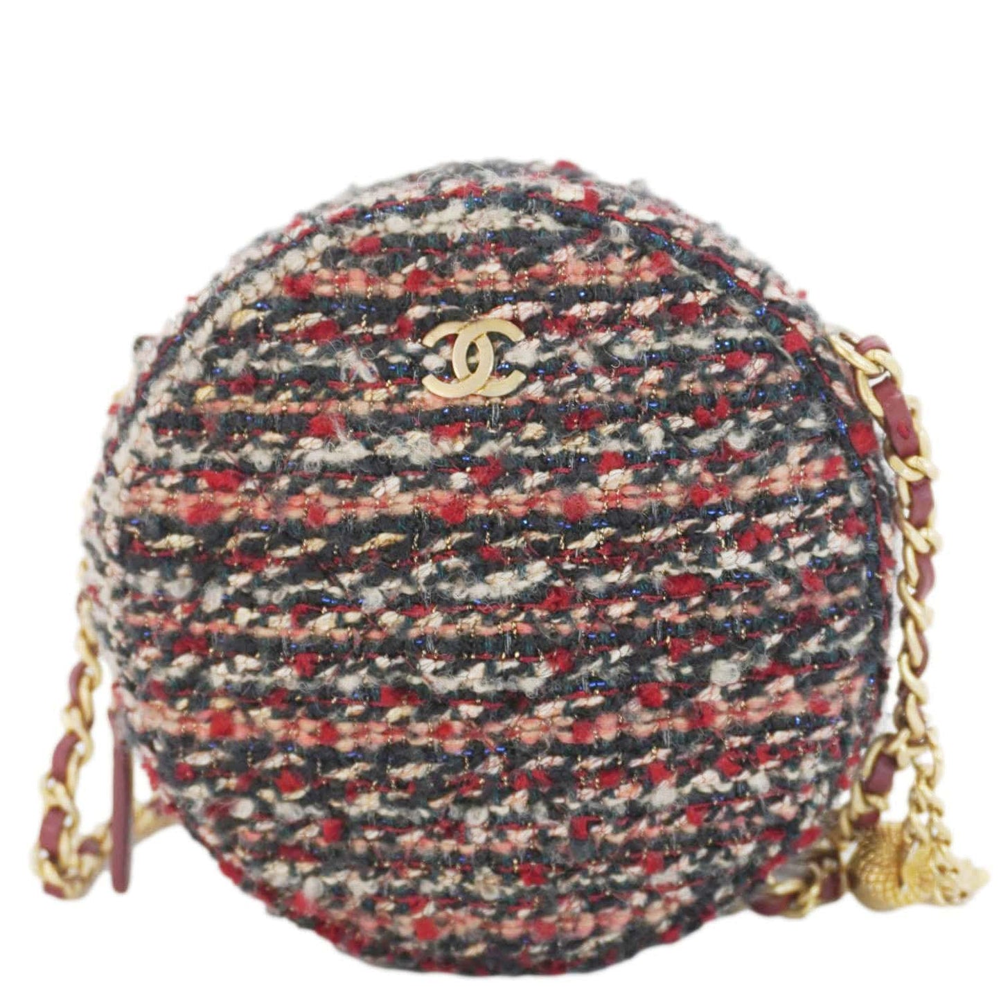 Chanel Round Tweed Chain Clutch Crossbody Bag Red
