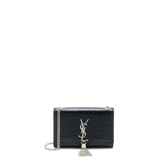 Saint Laurent Kate Tassel Crocodile-Embossed Calfskin Black