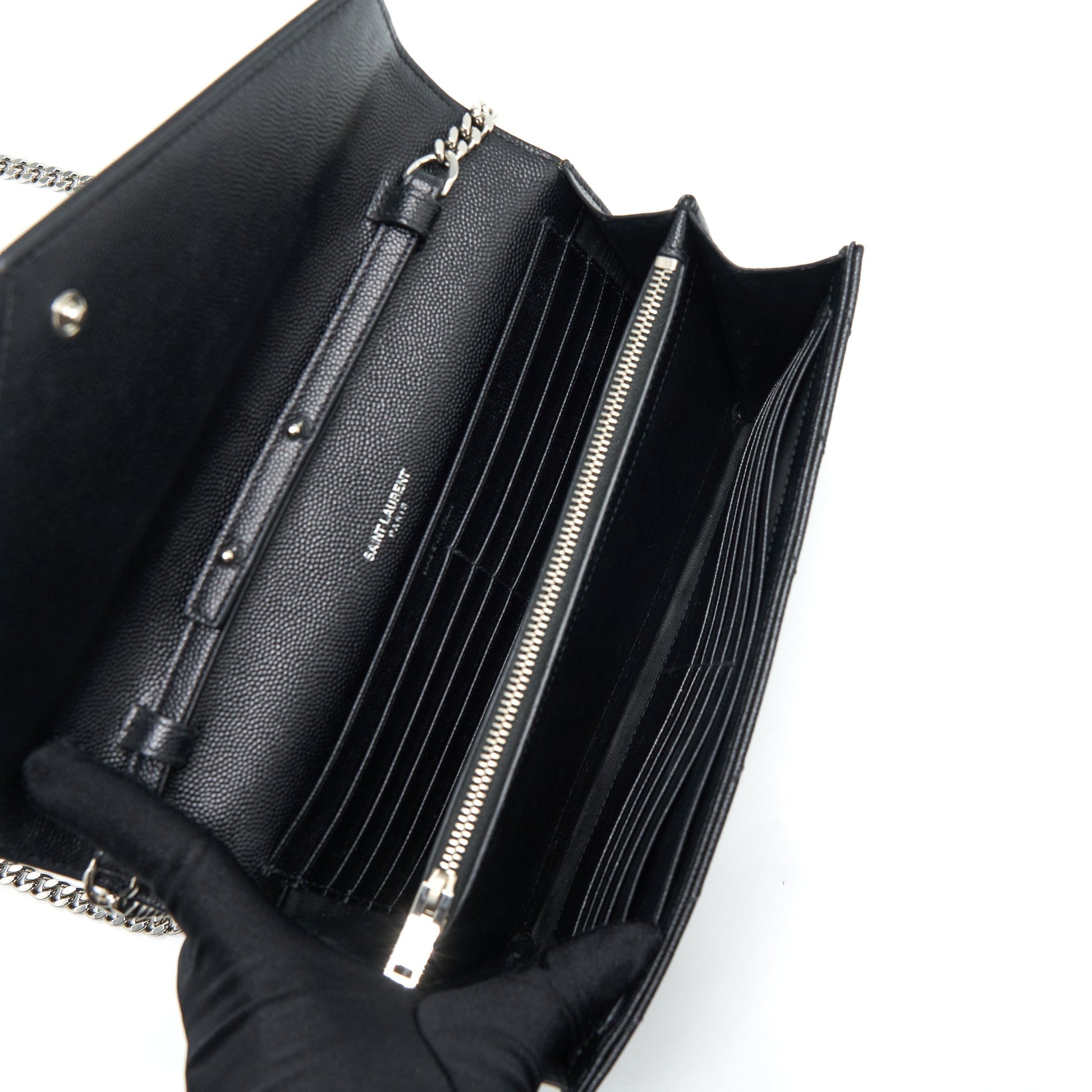 Saint Laurent/ Chain Wallet Crossbody Purse Grain Calfskin Black