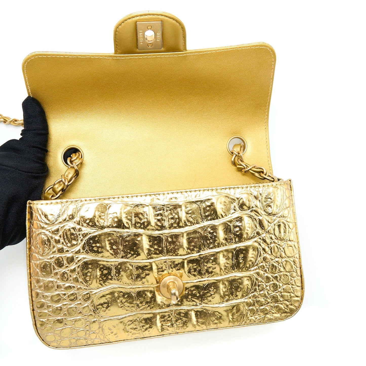 Chanel Mini Rectangular Flap Bag Croc Embossed Calfskin Gold