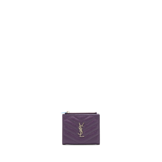Saint Laurent Quilted Monogram Bi-fold Wallet Dark Purple