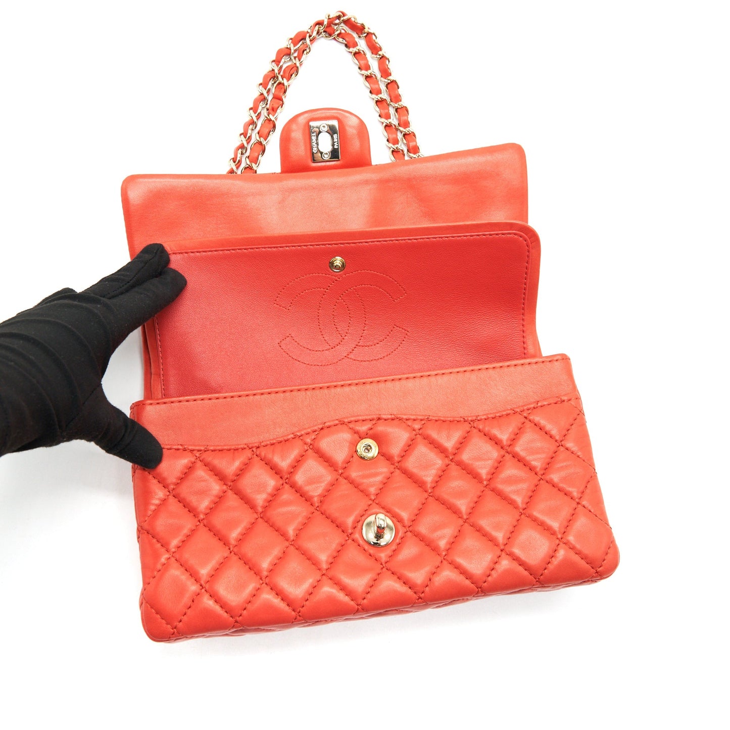CHANEL CLASSIC MEDIUM DOUBLE FLAP LAMBSKIN IN CORAL L