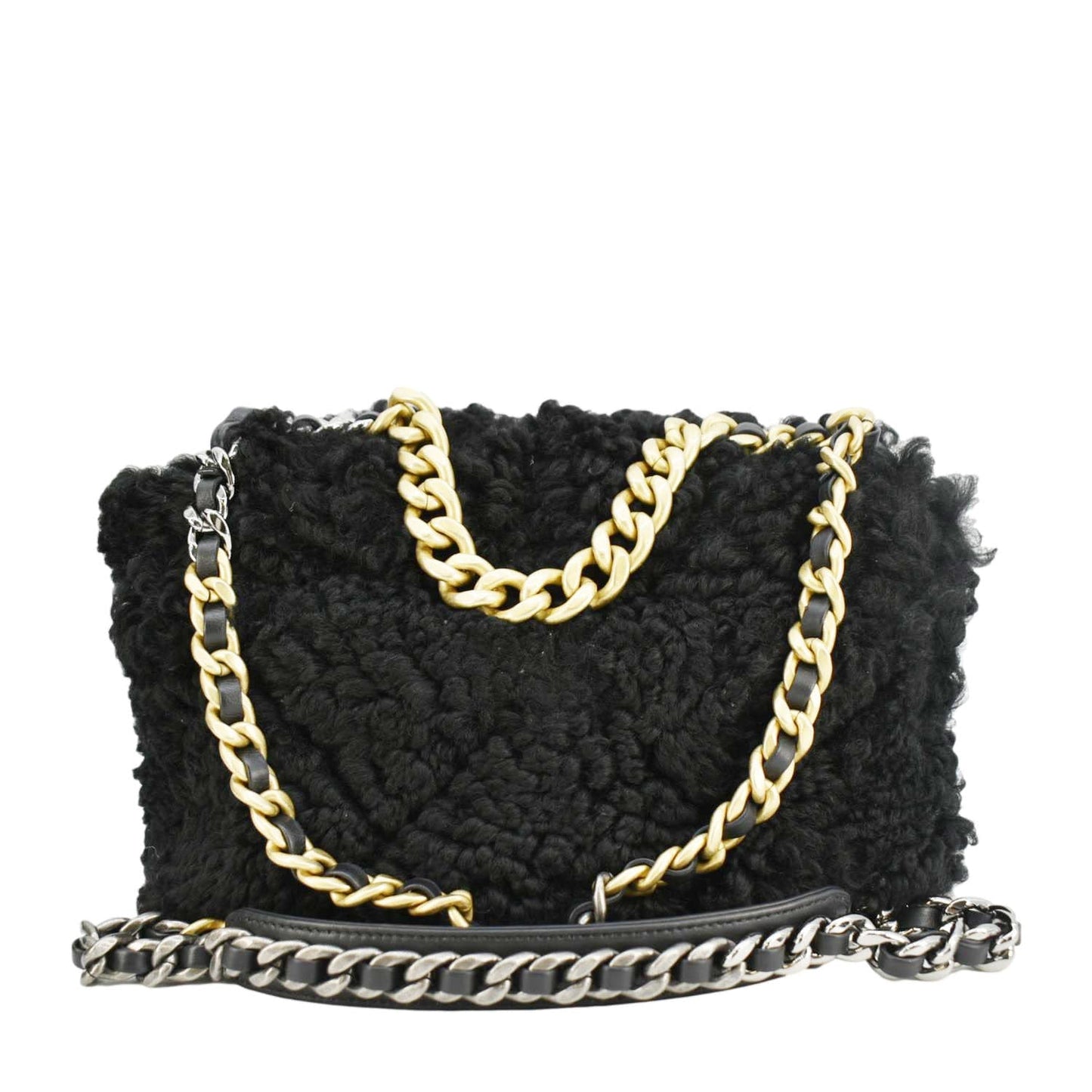 Chanel Shearling 19 Flap Medium Sheepskin Shoulder Bag Black
