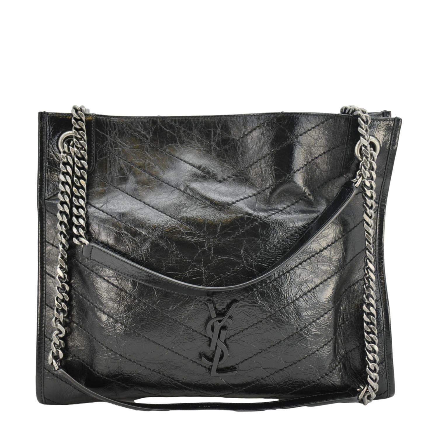 YVES SAINT LAURENT Niki Crinkle Leather Shopper Tote Bag Black