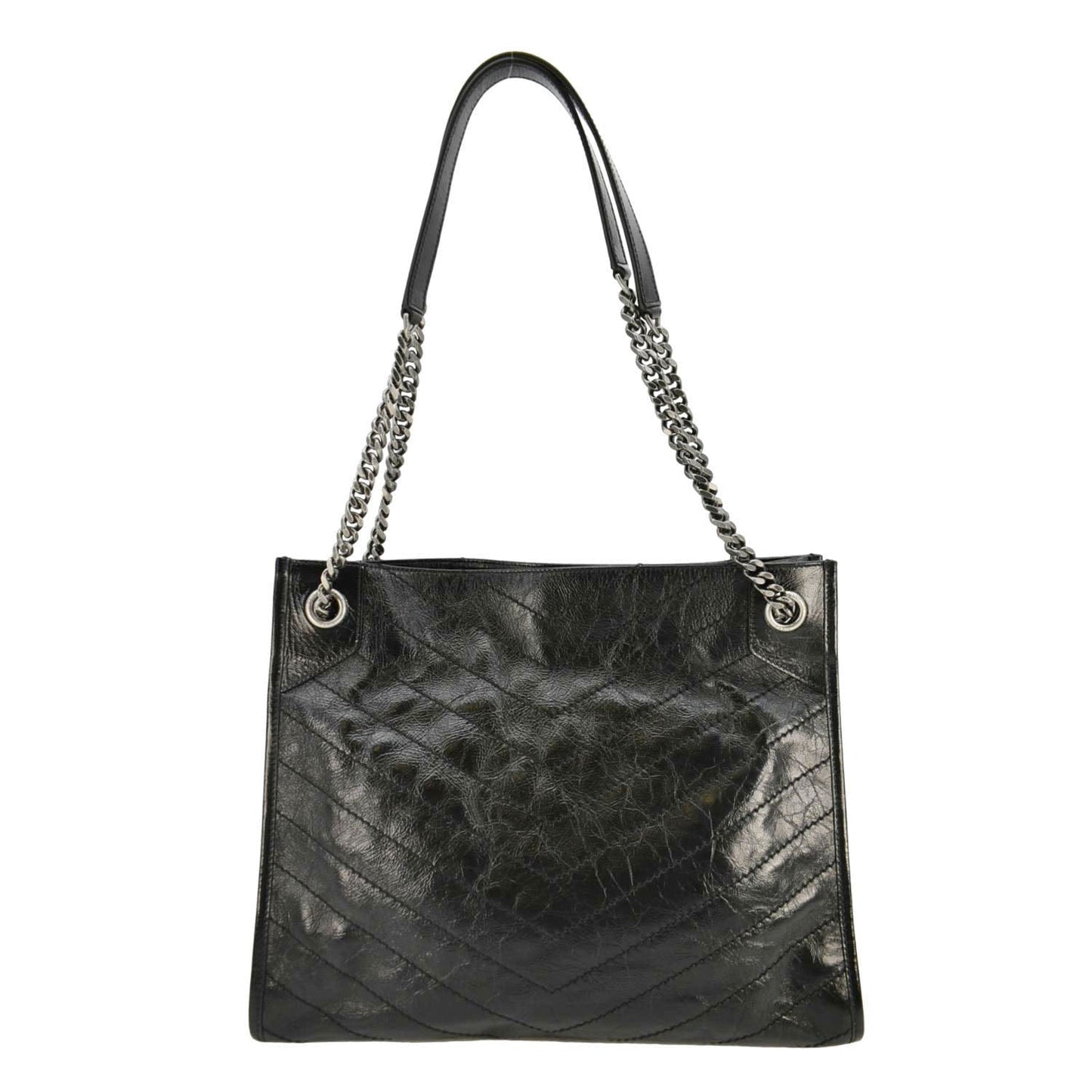 YVES SAINT LAURENT Niki Crinkle Leather Shopper Tote Bag Black