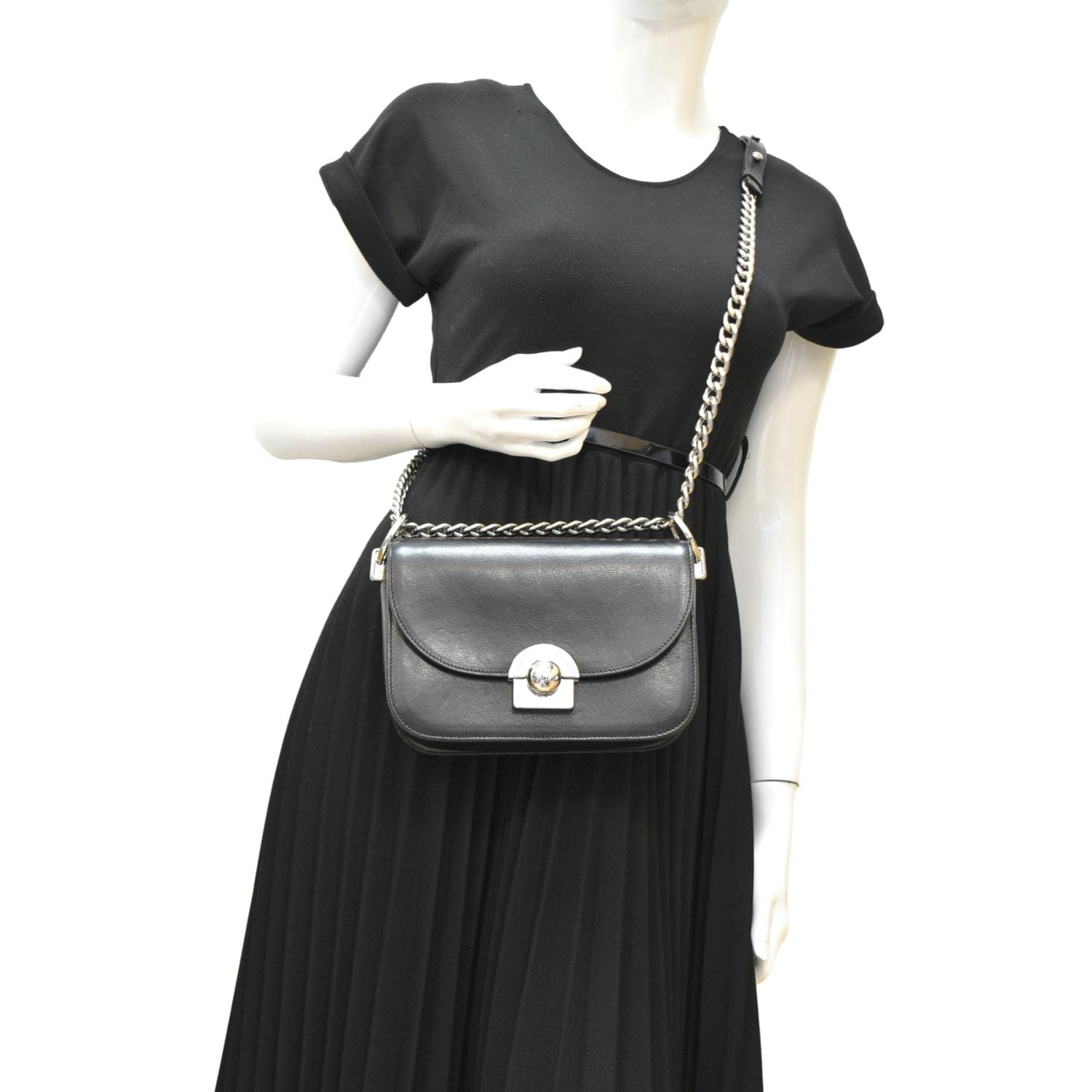 PRADA Arcade Glace Calf Leather Chain Crossbody Bag Black