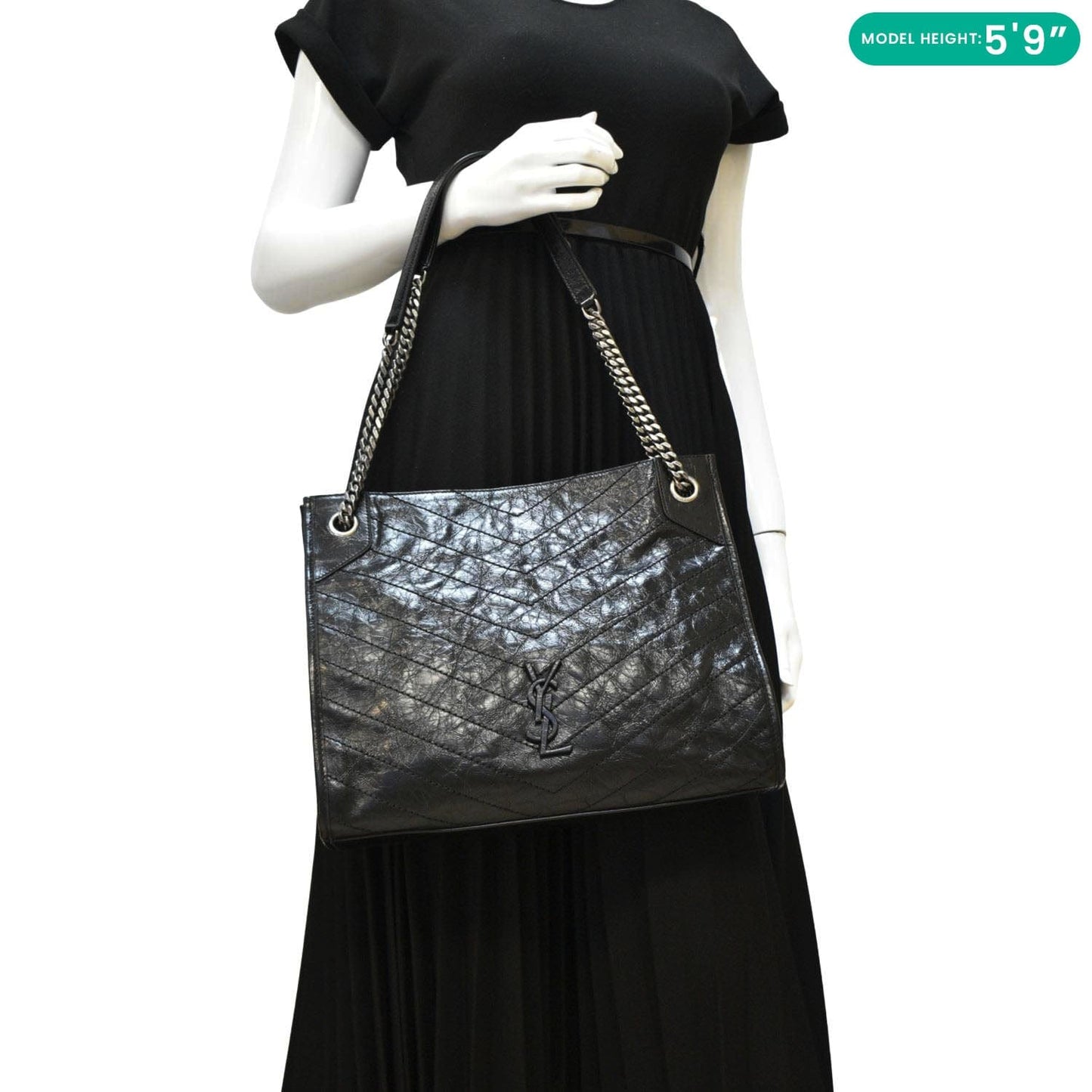 YVES SAINT LAURENT Niki Medium Crinkle Leather Shoulder Bag Black