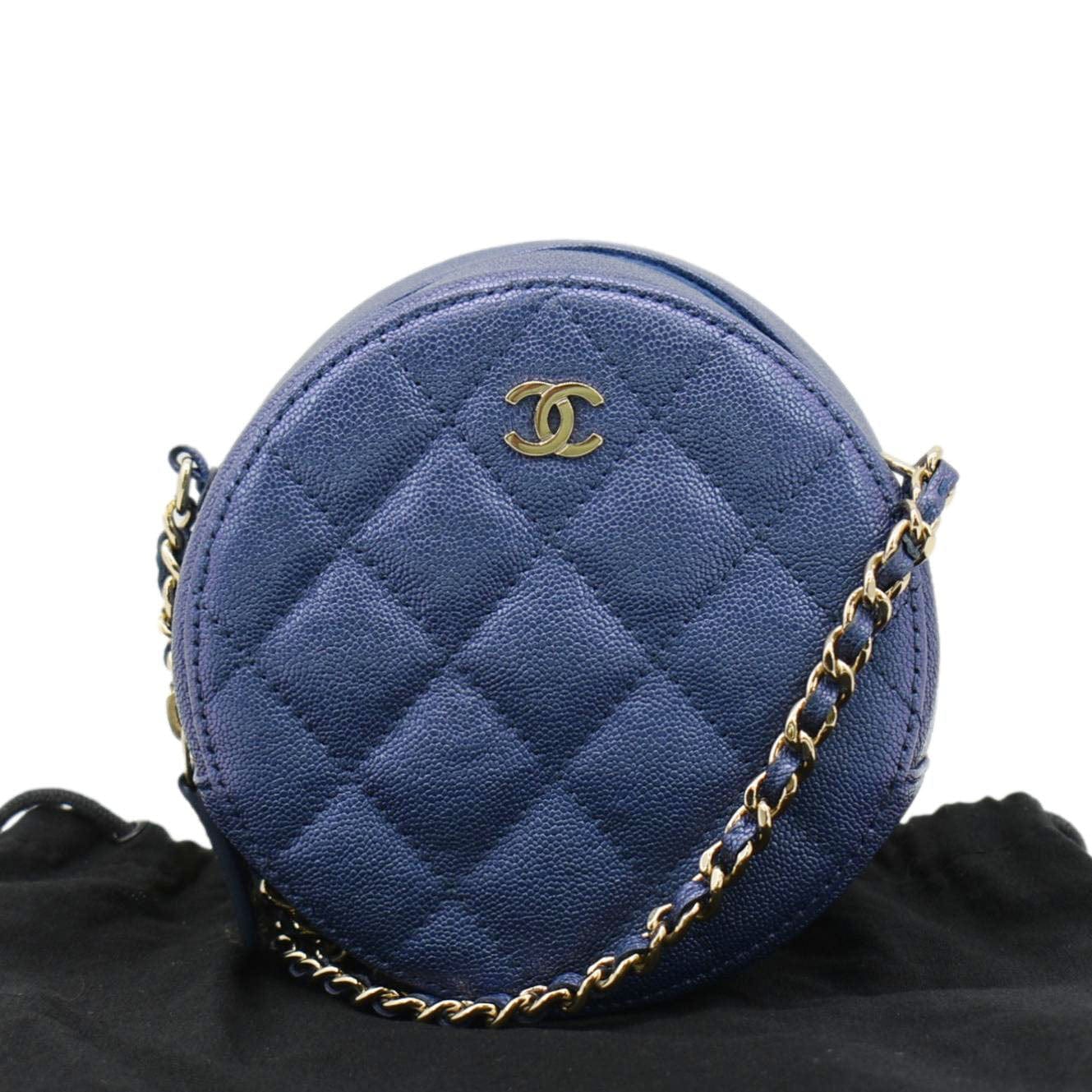 Chanel Round Clutch with Chain Mini Quilted Iridescent Caviar Leather Crossbody Bag Shiny Blue