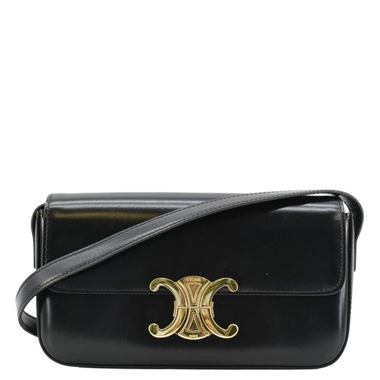 Luxury CELINE Triomphe Shiny Calfskin Leather Shoulder Bag Black