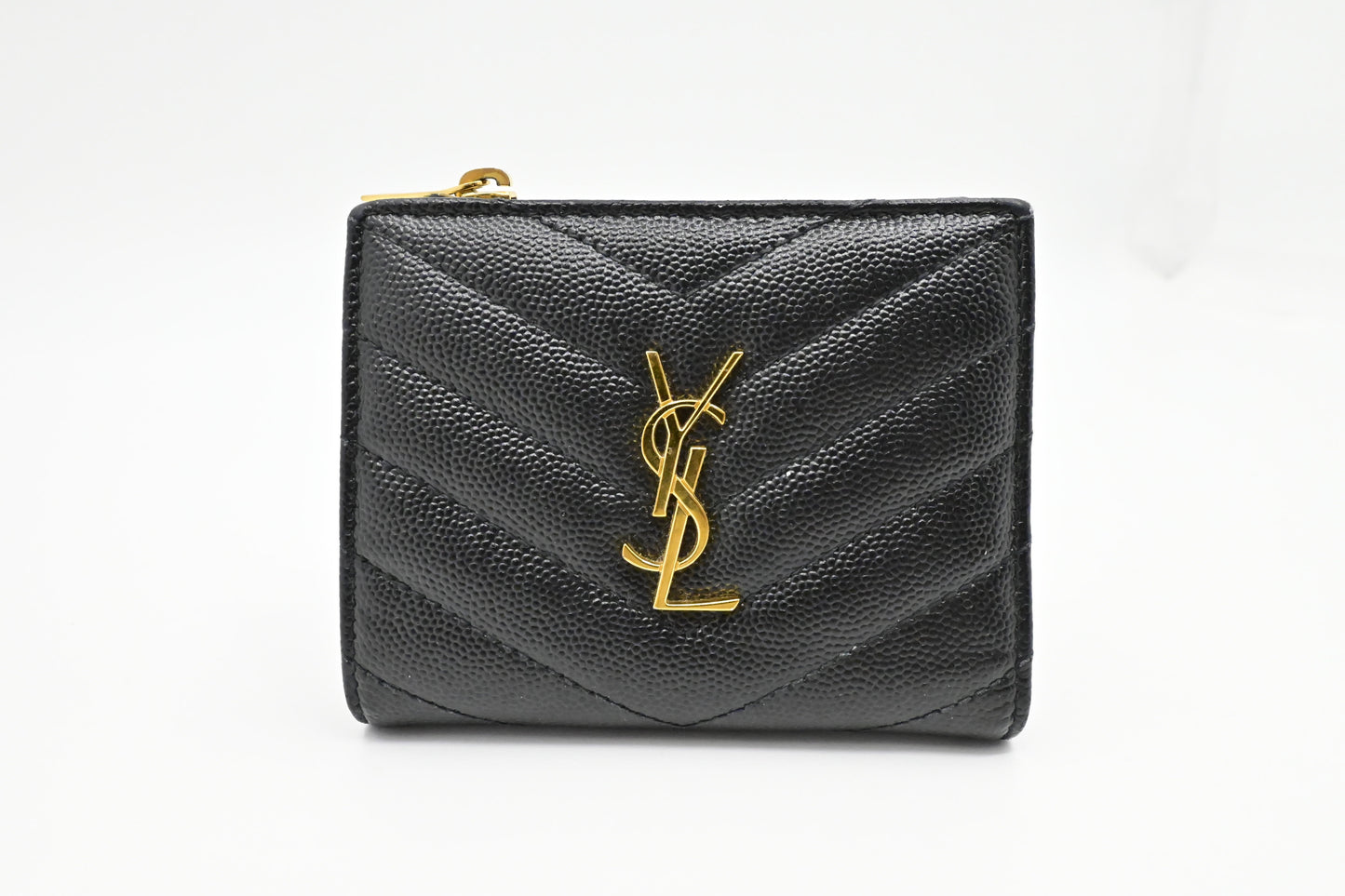 YSL Saint Laurent Compact Wallet in Black Pebbled Leather