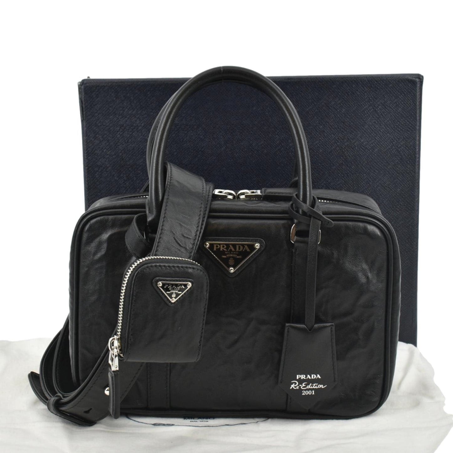 PRADA Re-edition 2001 Medium Antique Nappa Leather Shoulder Bag Black