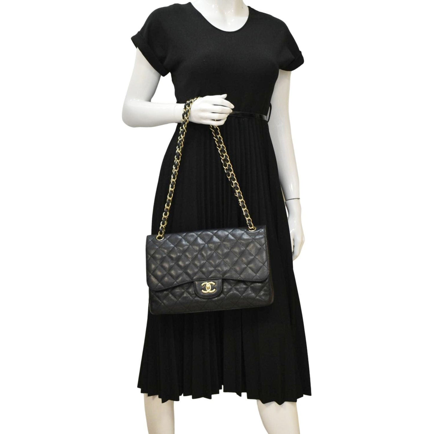 Chanel Classic Jumbo Double Flap Quilted Caviar Leather Shoulder Bag Black