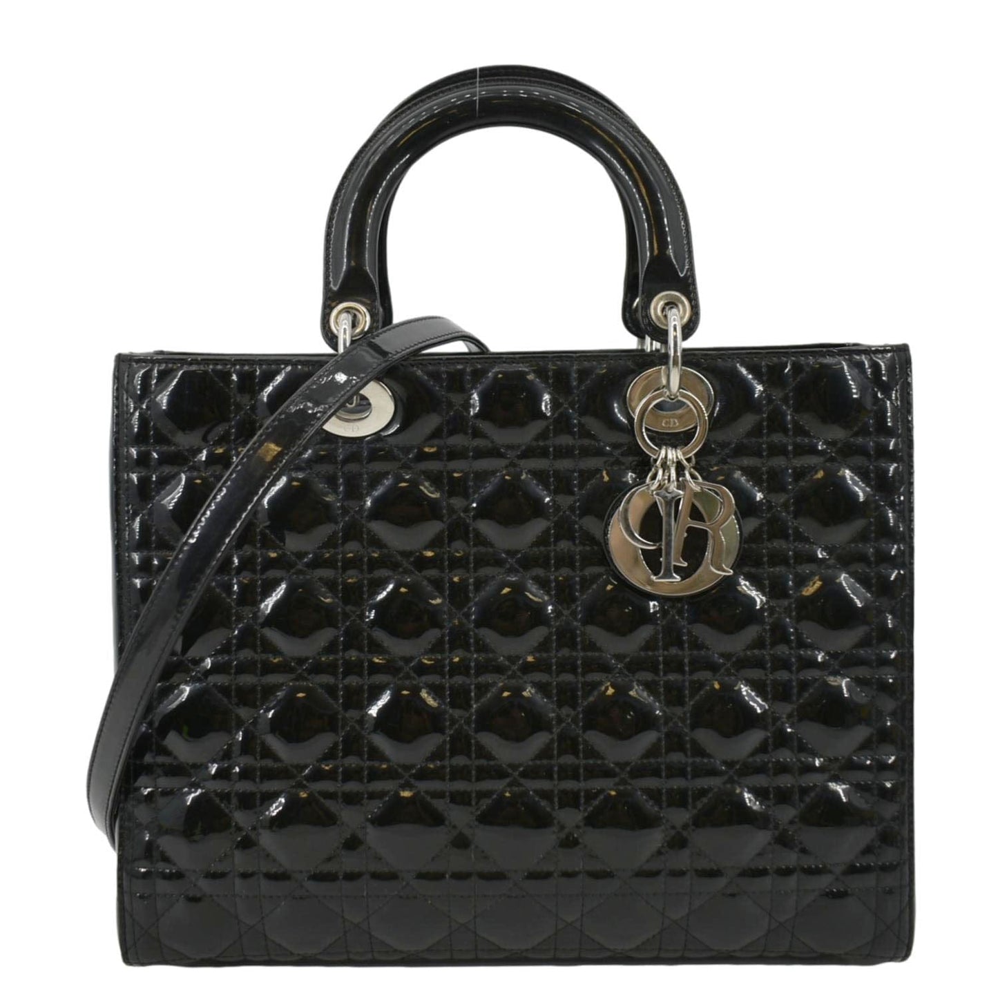 CHRISTIAN DIOR Lady Dior Large Quilted Patent Leather Shoulder Bag Black