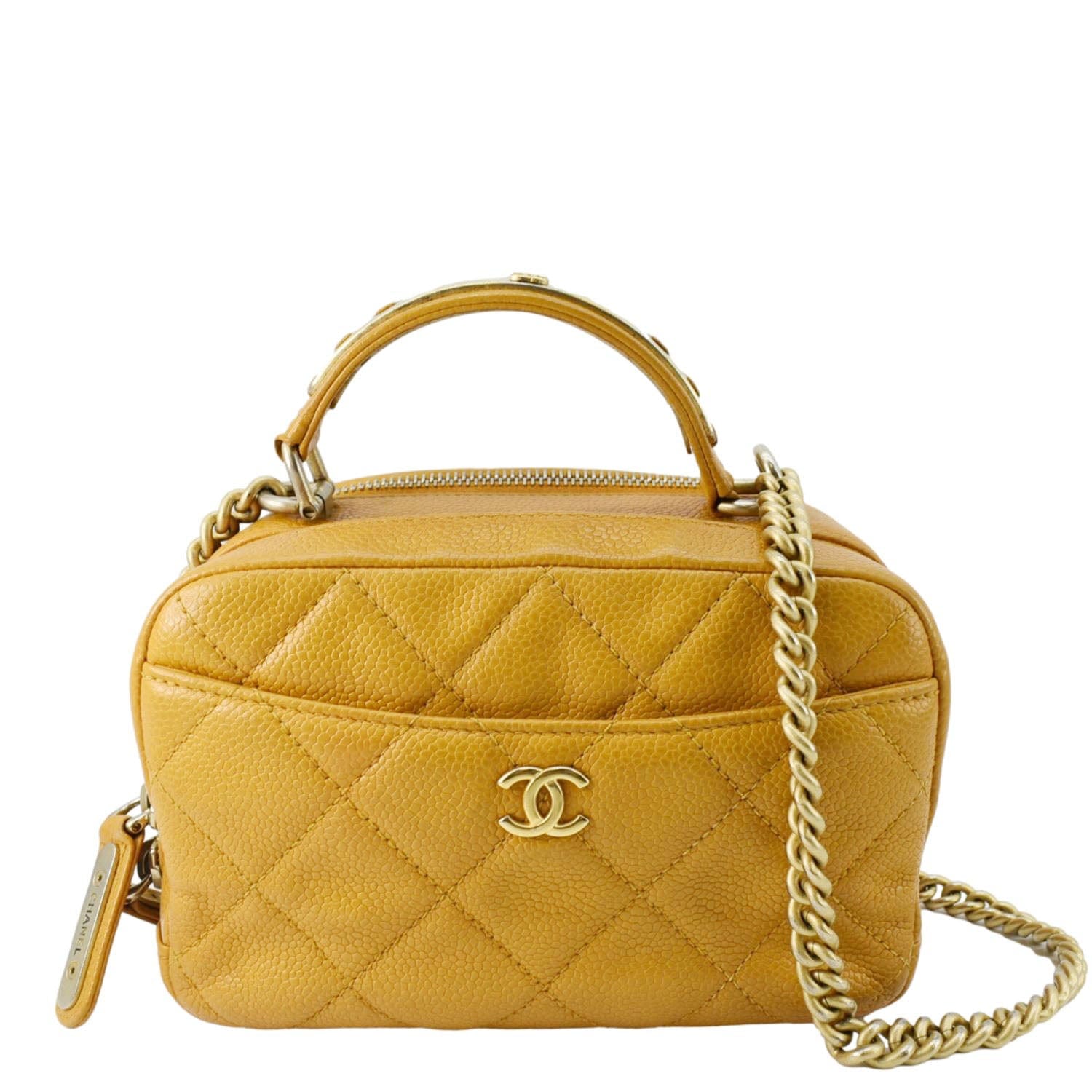 Chanel Carry Around Mini Quilted Caviar Leather Bowling Bag Yellow