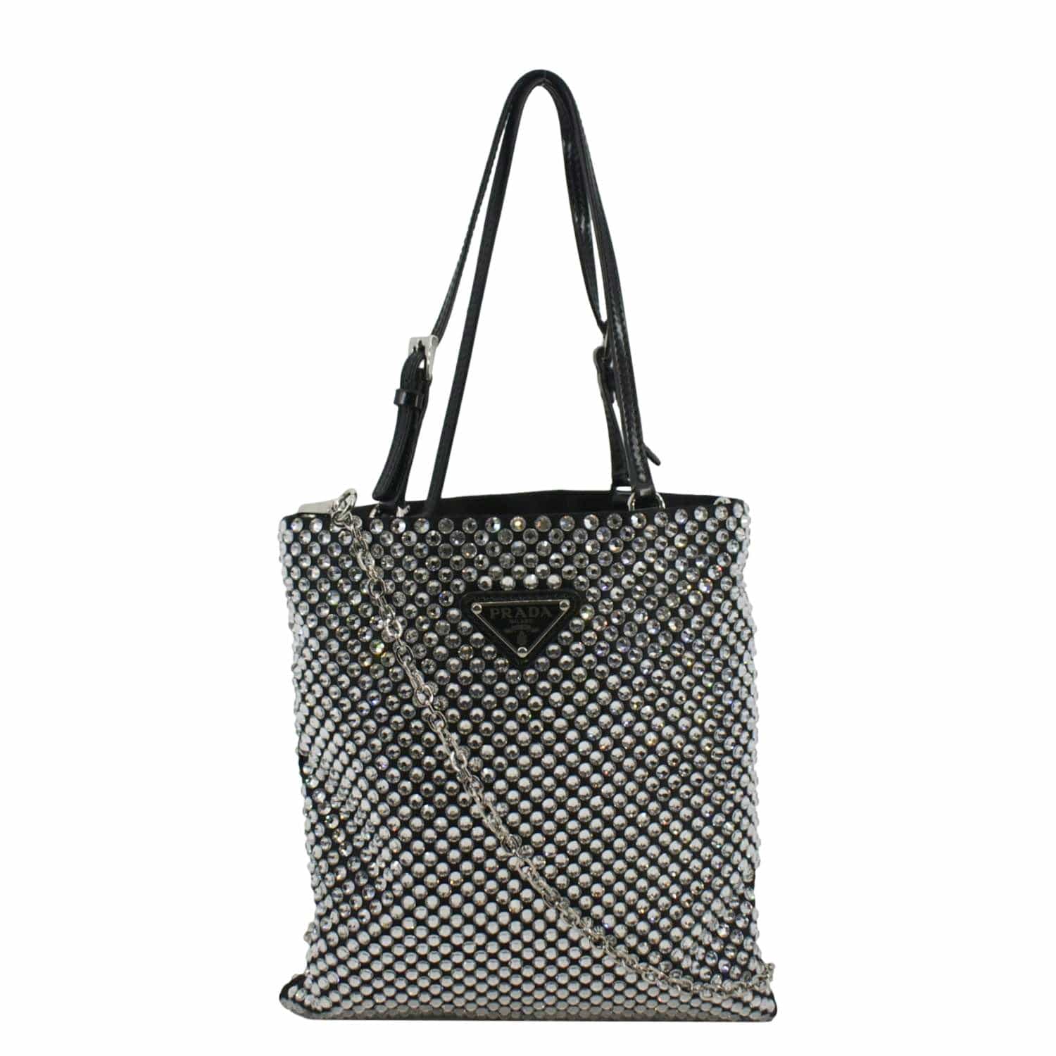 PRADA Chain Flat Mini Crystal Embellished Satin Tote Bag Silver