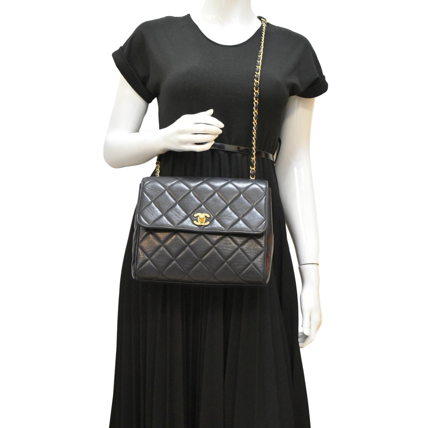 Chanel Square CC Flap Quilted Leather Shoulder Bag Black