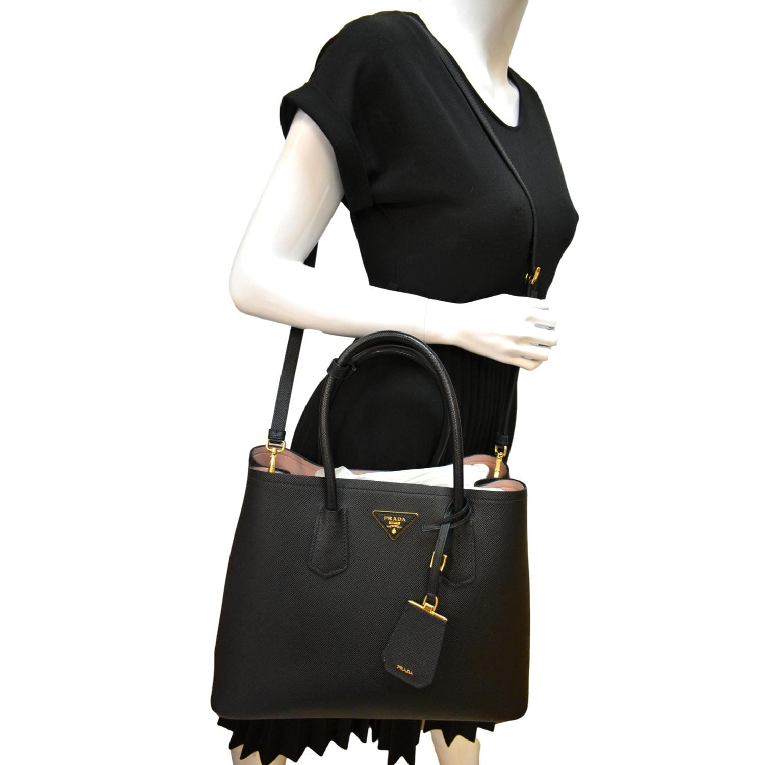 PRADA Medium Double Saffiano Leather Crossbody Bag Black