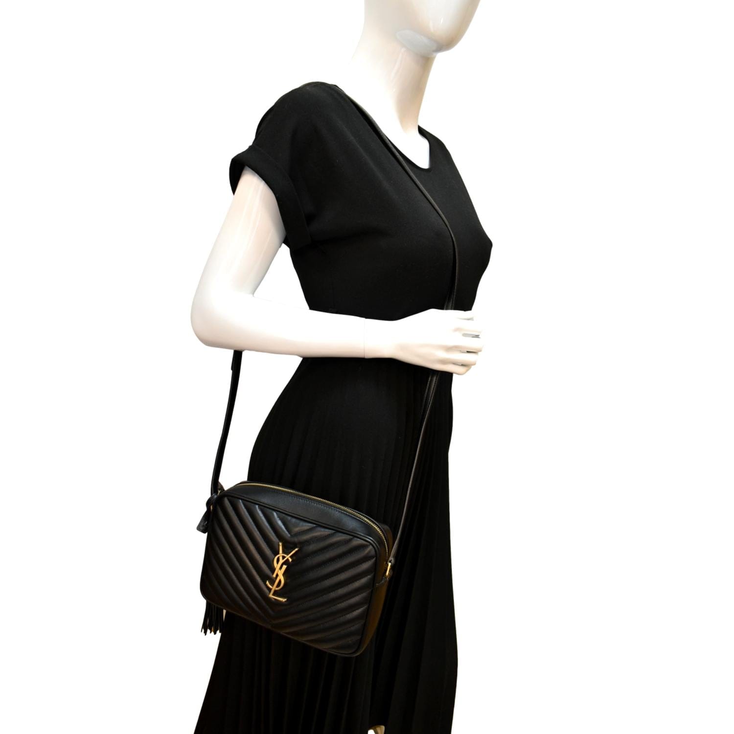 YVES SAINT LAURENT Lou Chevron Leather Camera Crossbody Bag Black