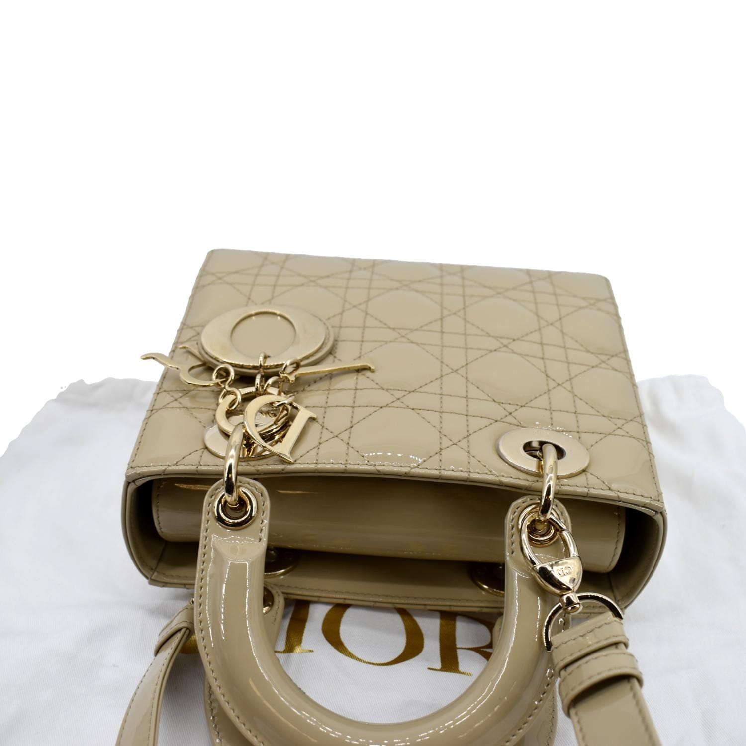 CHRISTIAN DIOR Lady Dior Small Patent Leather Shoulder Bag Beige