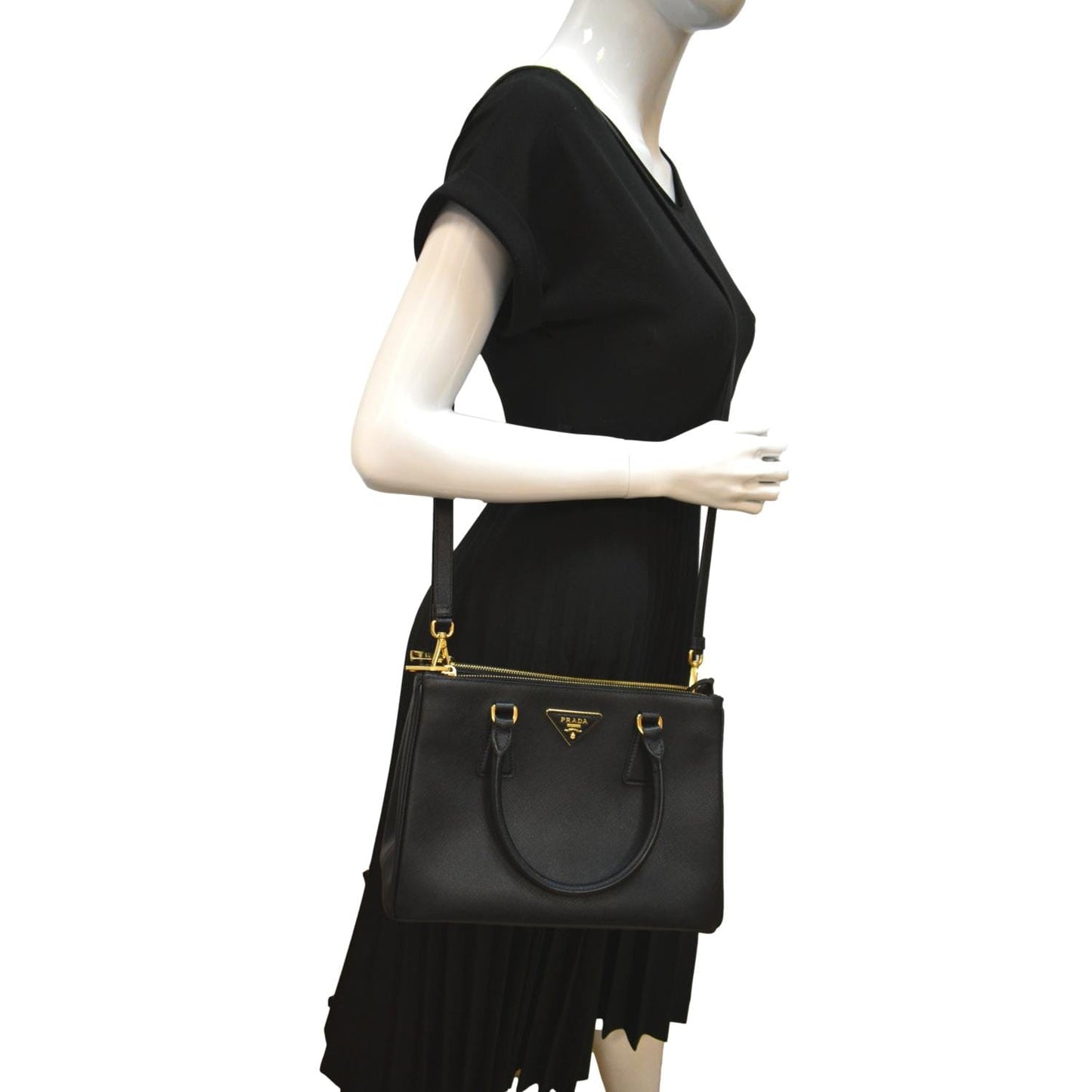 PRADA Saffiano Double-Zip Leather Tote Shoulder Bag Black