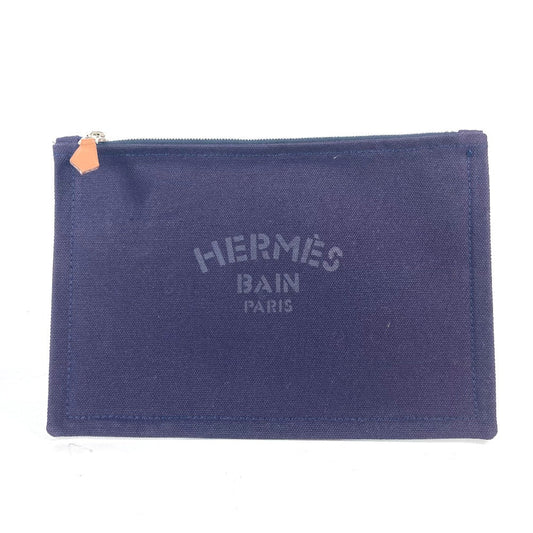 HERMES Pouch cotton Navy logo flat Yachting PM unisex(Unisex)