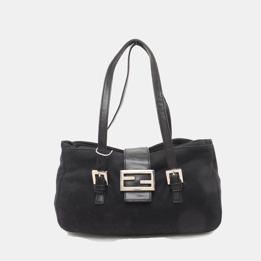 FENDI Baguette   Black Cloth Silver Hardware Double Strap