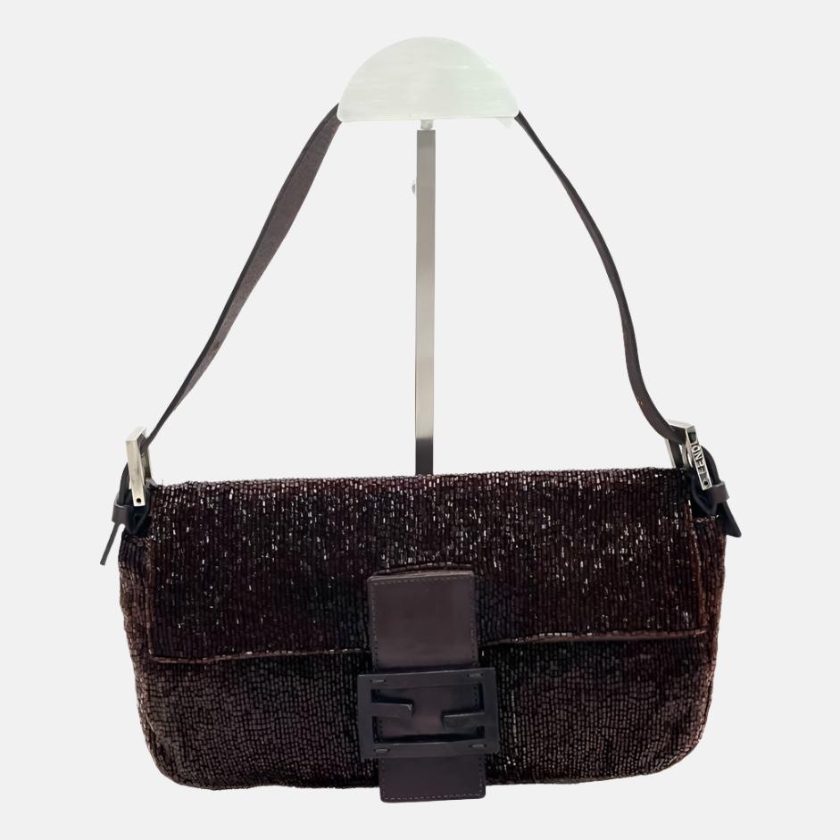 Fendi Baguette Vintage Dark Chocolate Brown Glitter Beads