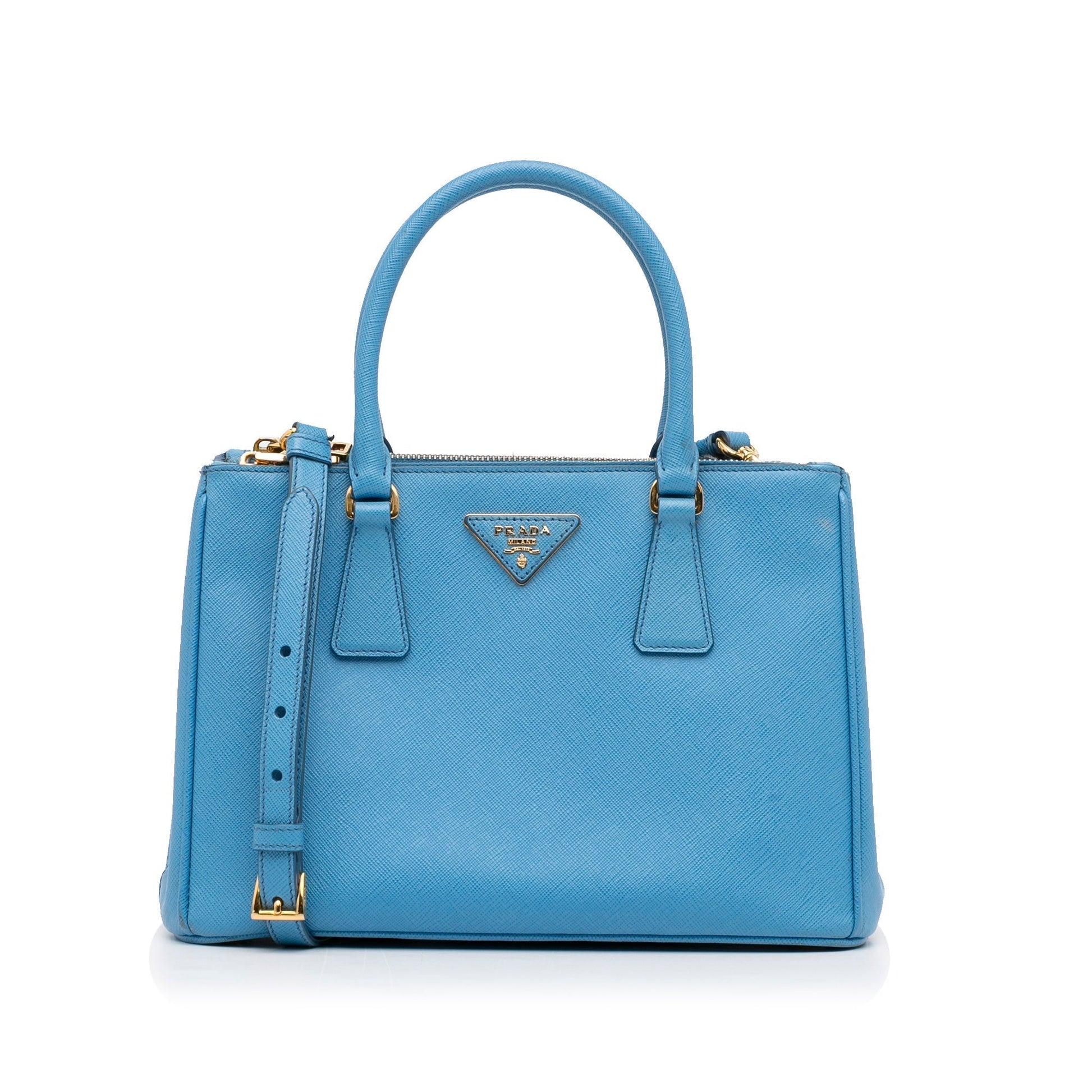Prada Double Zip Galleria Medium Blue Saffiano Luxury Handbag