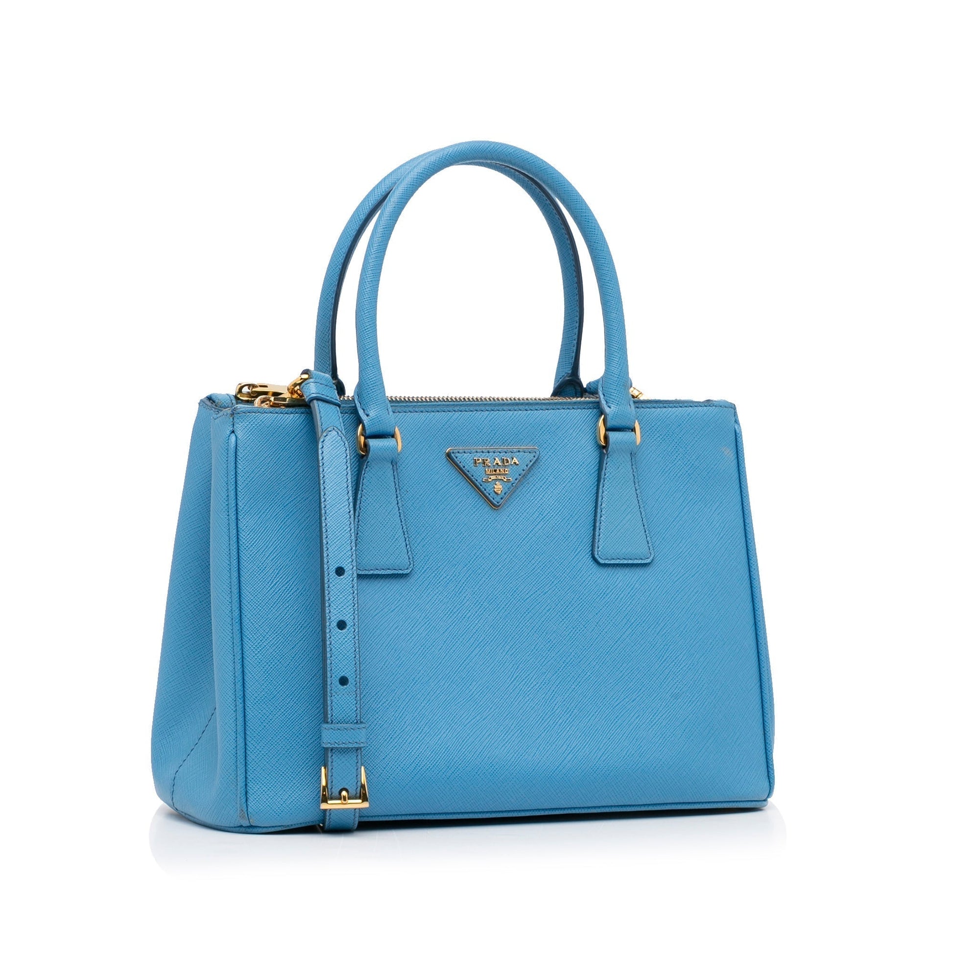 Prada Double Zip Galleria Medium Blue Saffiano Luxury Handbag