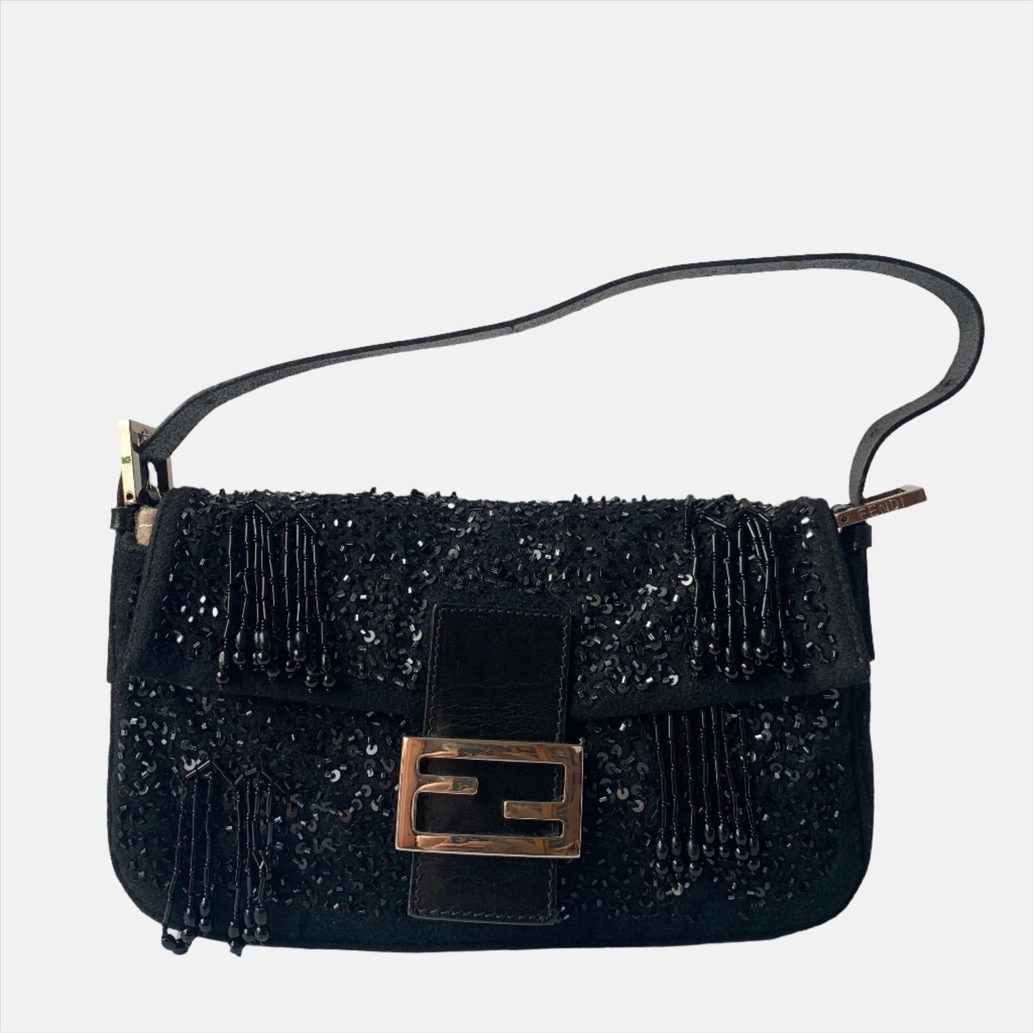 Fendi Baguette   Black Beaded Tussle On Black Shoulder Bag