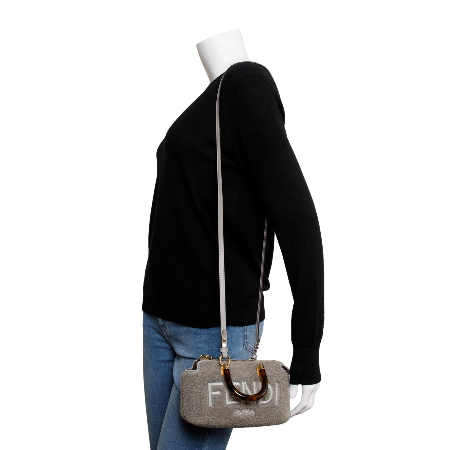 Fendi 2022 Grey Sheepskin Logo Embroidered By the Way Mini Boston Bag