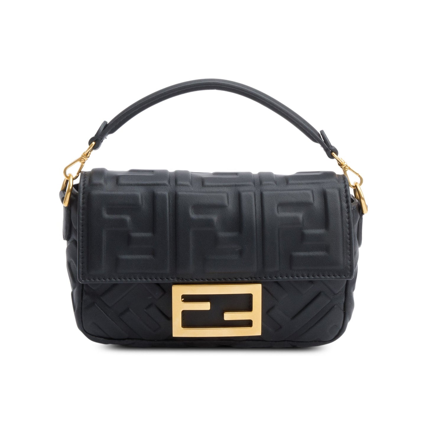 Fendi 2023 Black FF Embossed Nappa Leather Mini Be Baguette Chain Crossbody