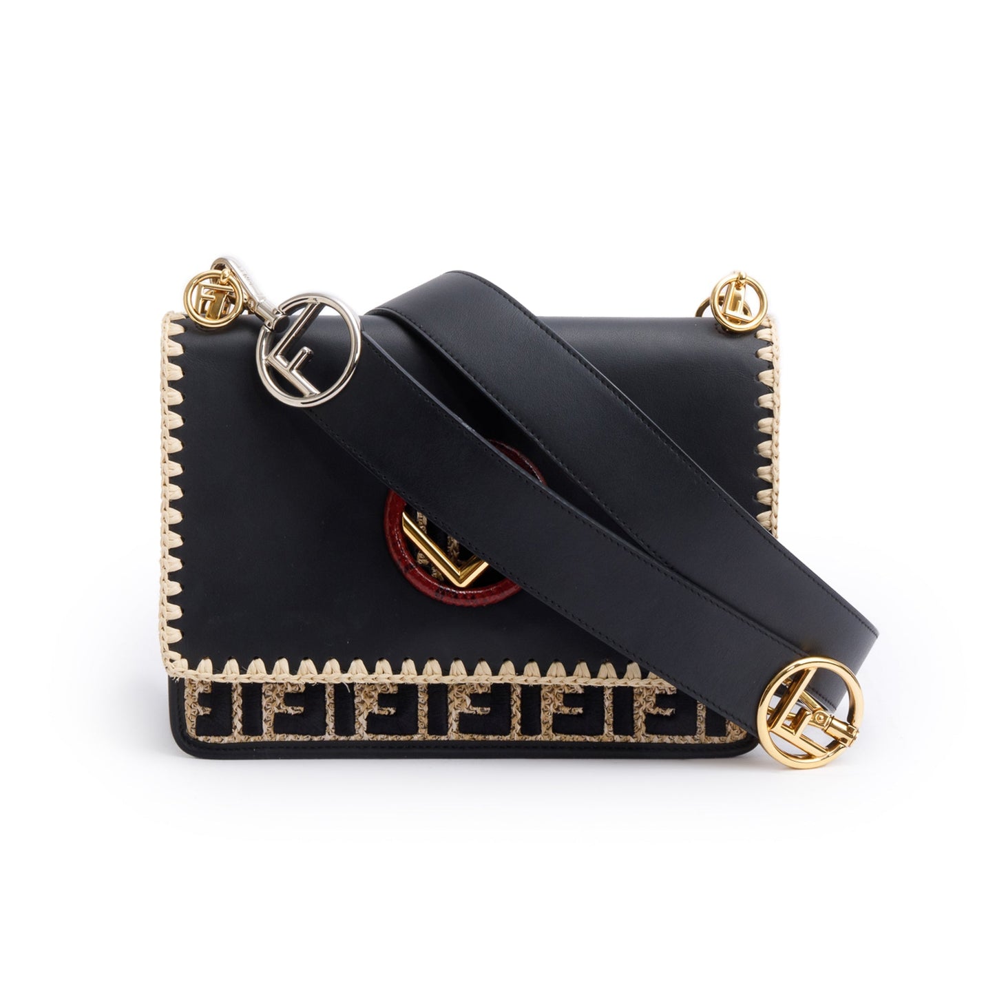 Fendi Black Calfskin Leather Raffia Snakeskin FF Embroidered Medium F is Fendi Kan I Shoulder Bag