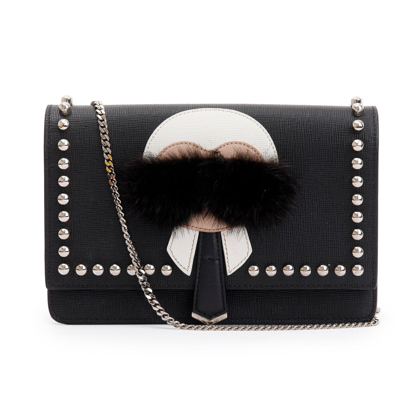 Fendi Black Calfskin Leather Studded Karlito Wallet on Chain