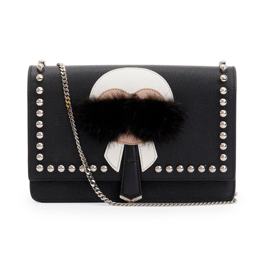 Fendi Black Calfskin Leather Studded Karlito Wallet on Chain
