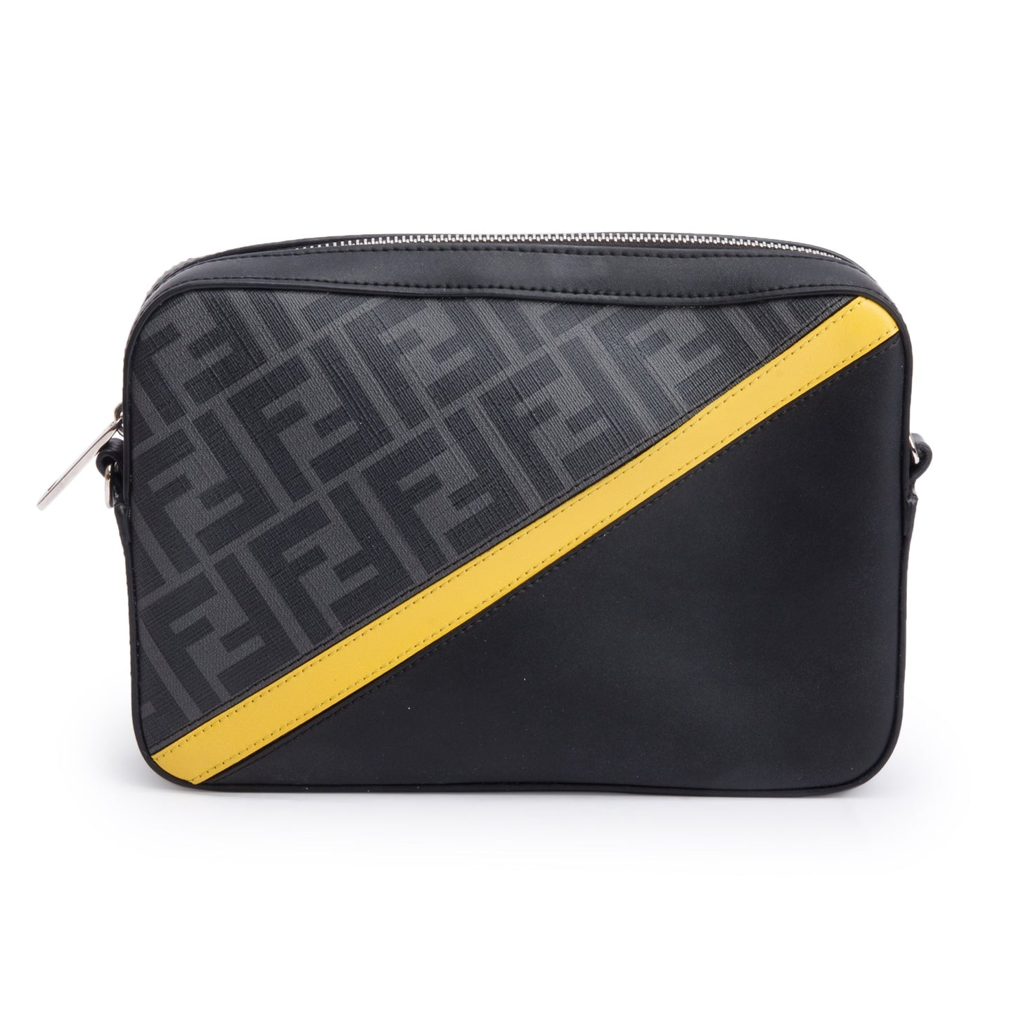 Fendi Black Vitello Liberty Leather Grey FF Canvas Diagonal Camera Case Bag