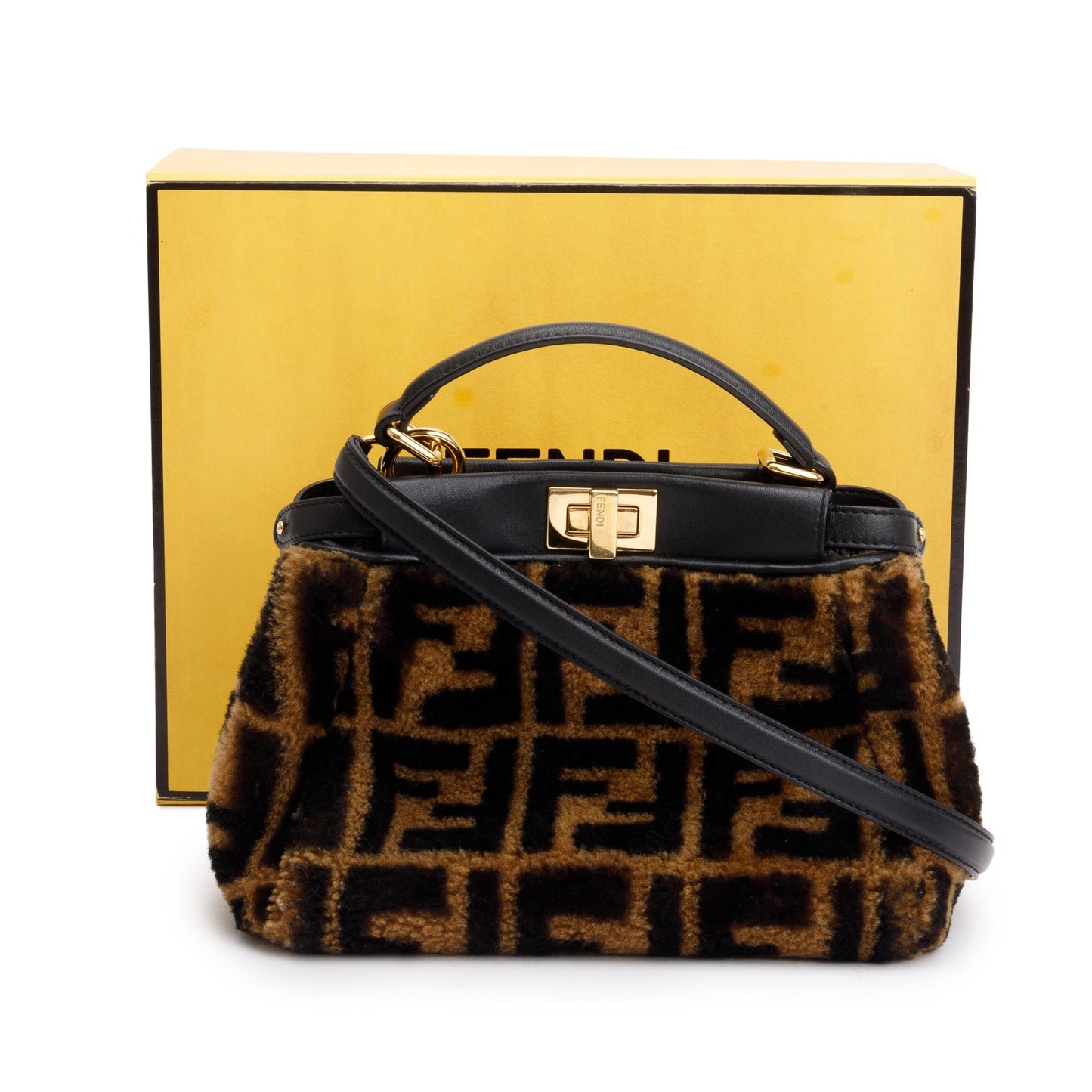 Fendi Black/Brown Shearling Nappa Macro FF 1974 Mini Peekaboo Bag